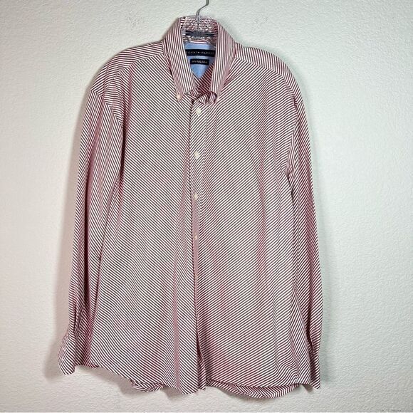 Tommy Hilfiger Red Striped‎ 80's 2 Ply Fabric Button Down Shirt Men's Large - Picture 1 of 6
